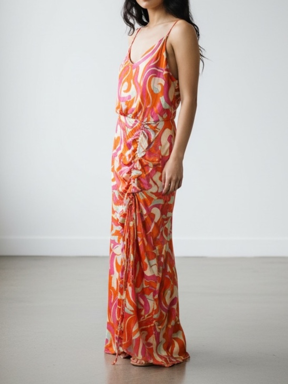 DELFI Asymmetrical Ruched Sundress Orange Pink Resort